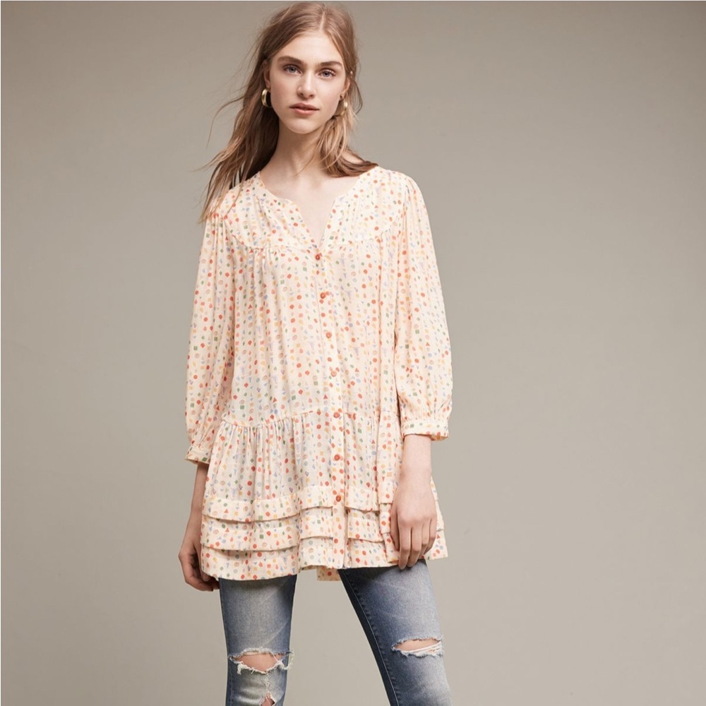 Maeve Paccia Cream and Pink button down Tunic Top
